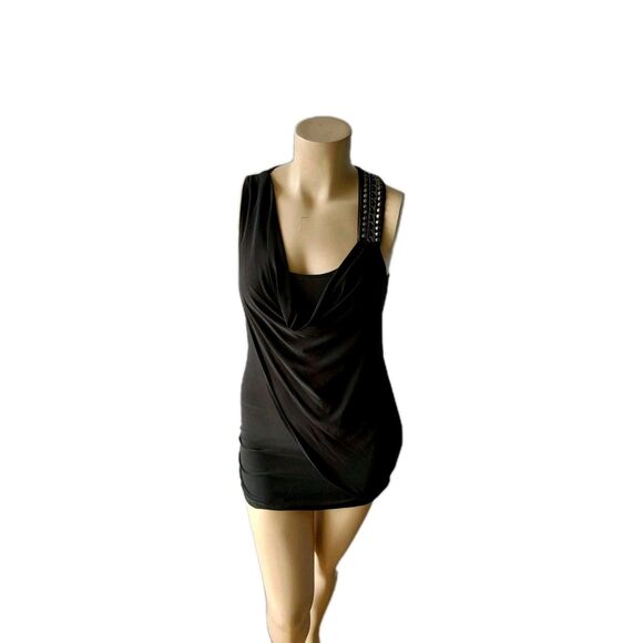 Dots Black Bodycon Mini Dress Women’s Size Large Ruched One Shoulder Studded - Picture 1 of 7